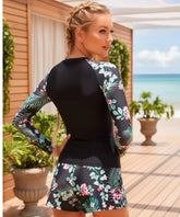 Comprar conjunto feminino short blusa manga longa surf estampa floral tropical praia natação confortável barato promoção ANELLIMN